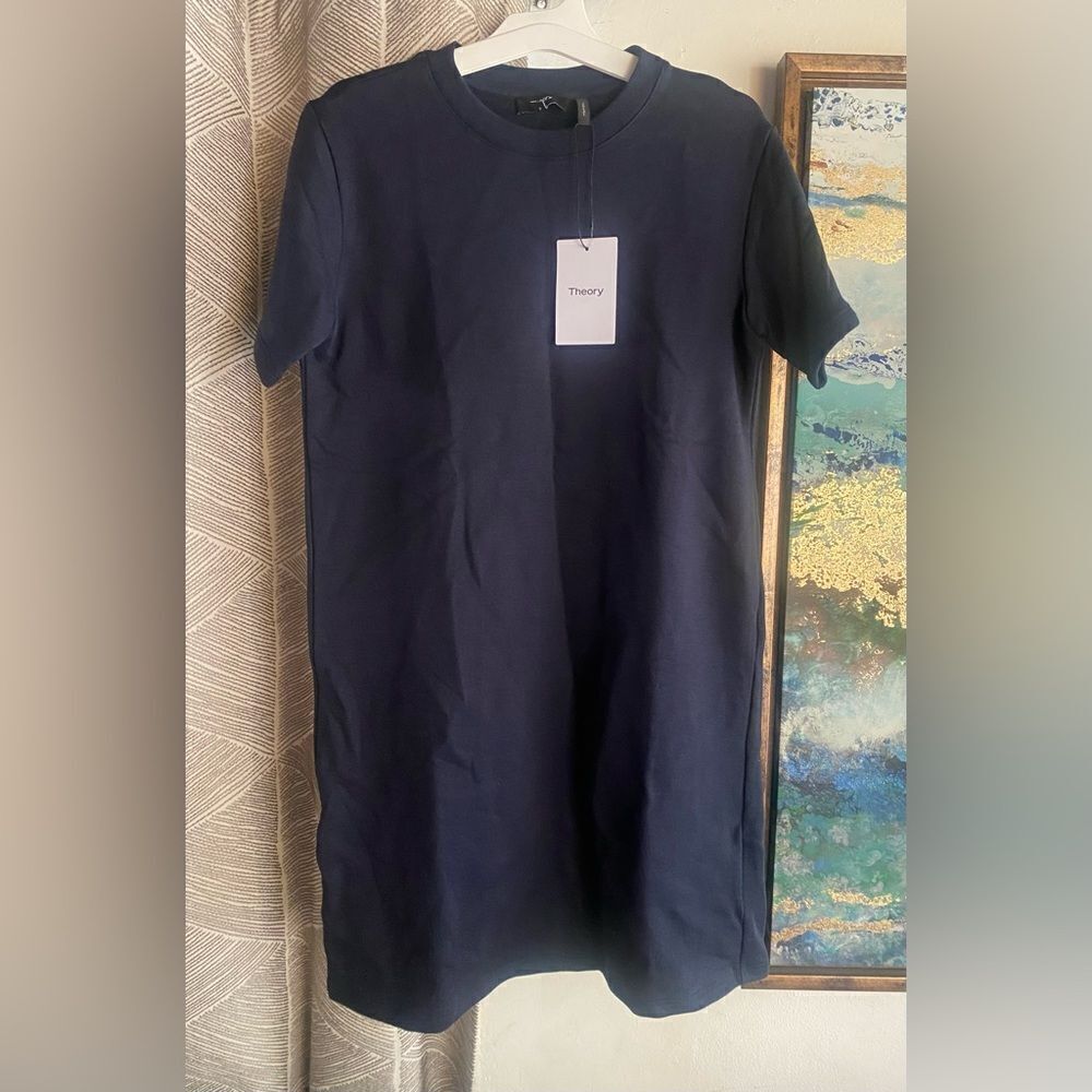 Theory Womens  Sz Small Cotton  Jersey Mini Dress Navy Blue Short Sleeve NWT